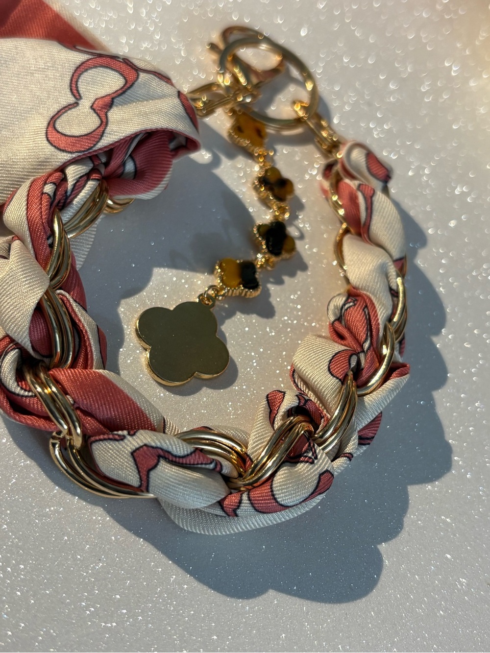 Gold Chain Bracelet with Pink & Cream Fabric Weave and Clover Charm